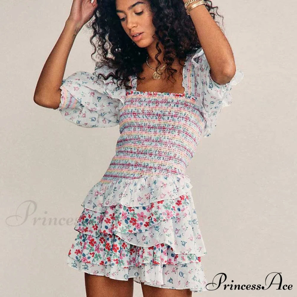 Boxy with Design Ruffled Party Puff and Gown Flowered Sleeves Mixed Neck Beige / S