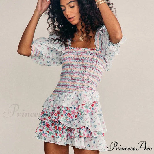 Boxy with Design Ruffled Party Puff and Gown Flowered Sleeves Mixed Neck Beige / S