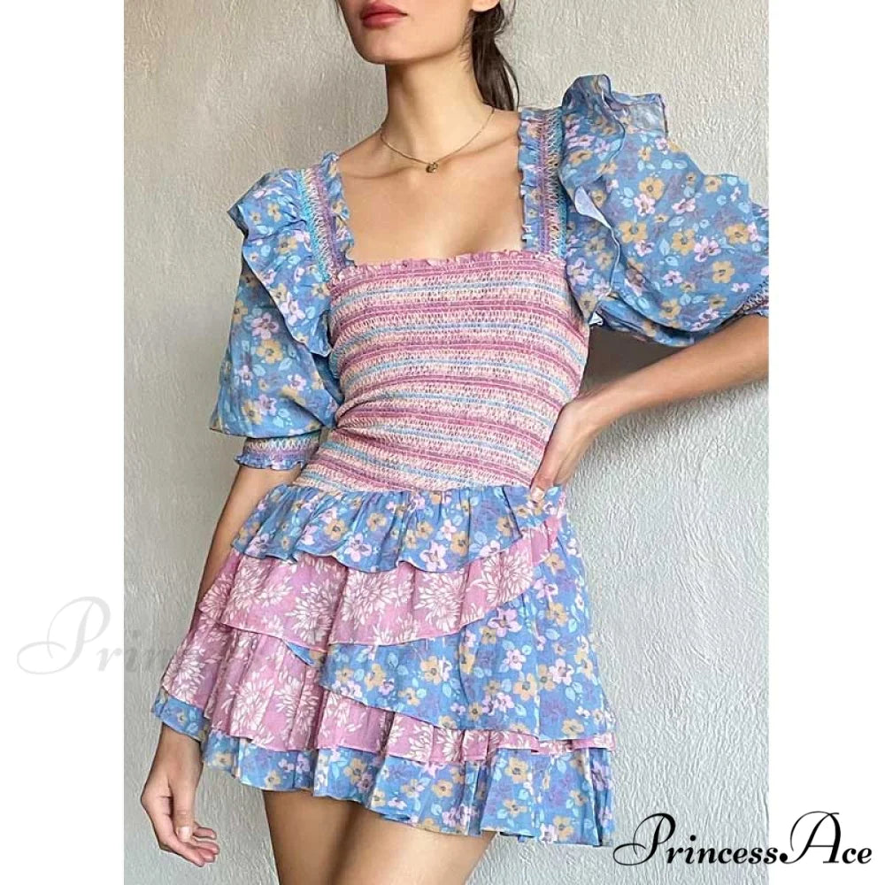 Boxy with Design Ruffled Party Puff and Gown Flowered Sleeves Mixed Neck Sky Blue / S