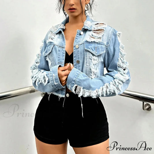 Boyfriend Ripped Crpped Button Down Chest Pockets Overcoat Warm Chic Stylish Elegant Fashionable Versatile Jacket Blue