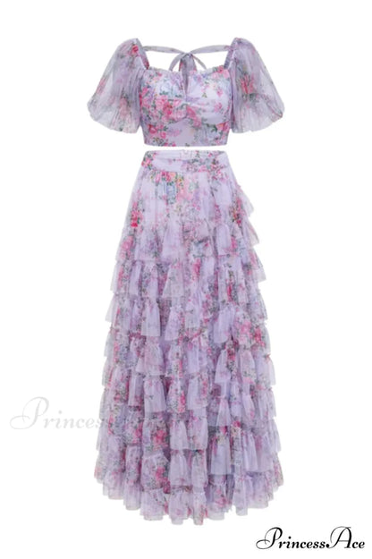 Braylee Purple Stylish Floral Ruched Set