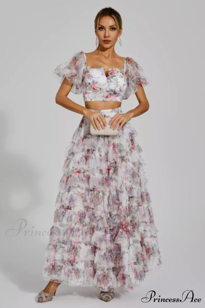 Braylee Purple Stylish Floral Ruched Set M / White