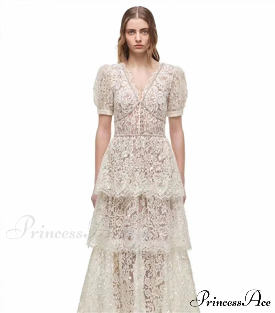 Breasted Arm Sexy Flower Long and Single with Embroidery Tulle Full-Length Warm-Season Party Gown Layer Lace Ruffle