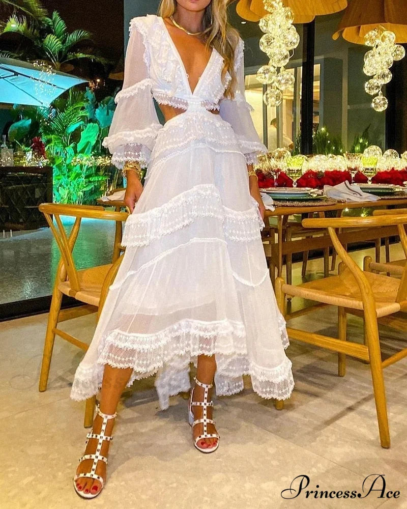 Breasted Arm Sexy Flower Long and Single with Embroidery Tulle Full-Length Warm-Season Party Gown Layer Lace Ruffle