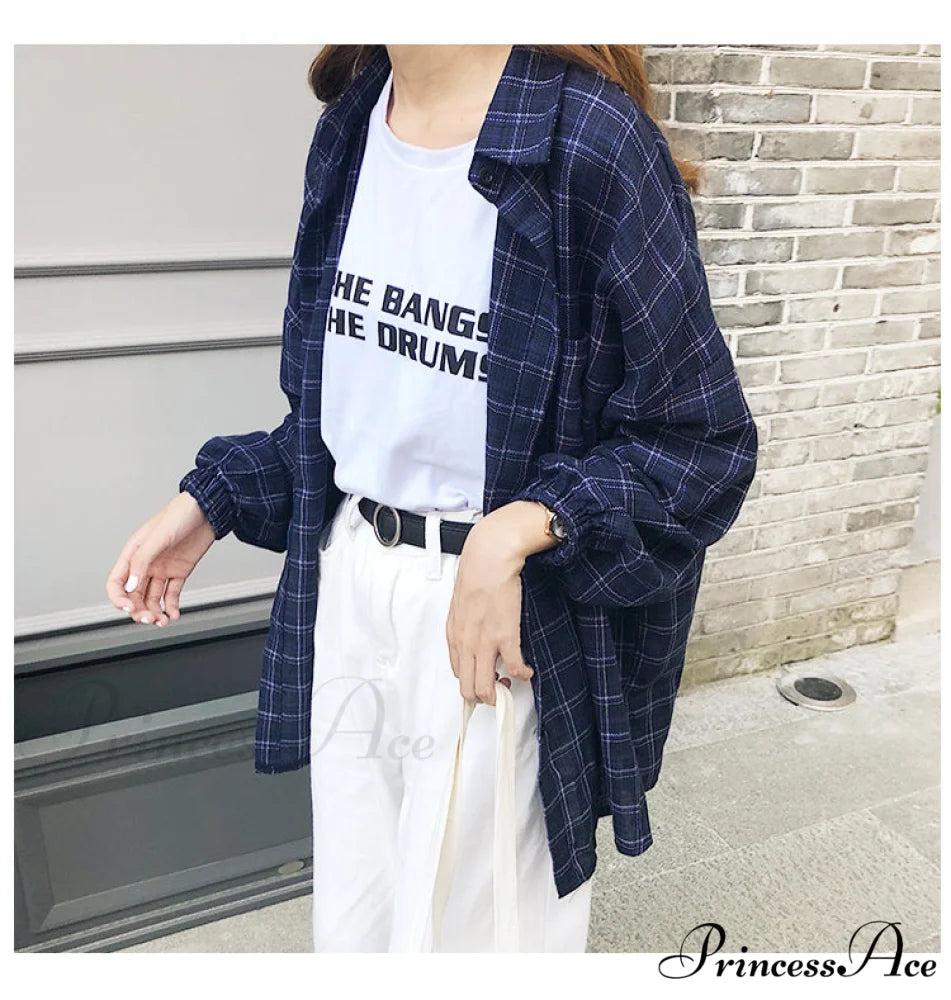 Breasted Turn Plaid with Blouse Down Single Neckline Vintage for Women