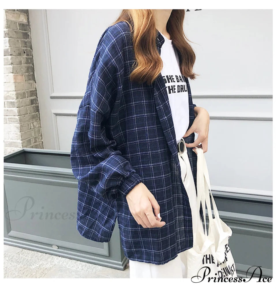 Breasted Turn Plaid with Blouse Down Single Neckline Vintage for Women