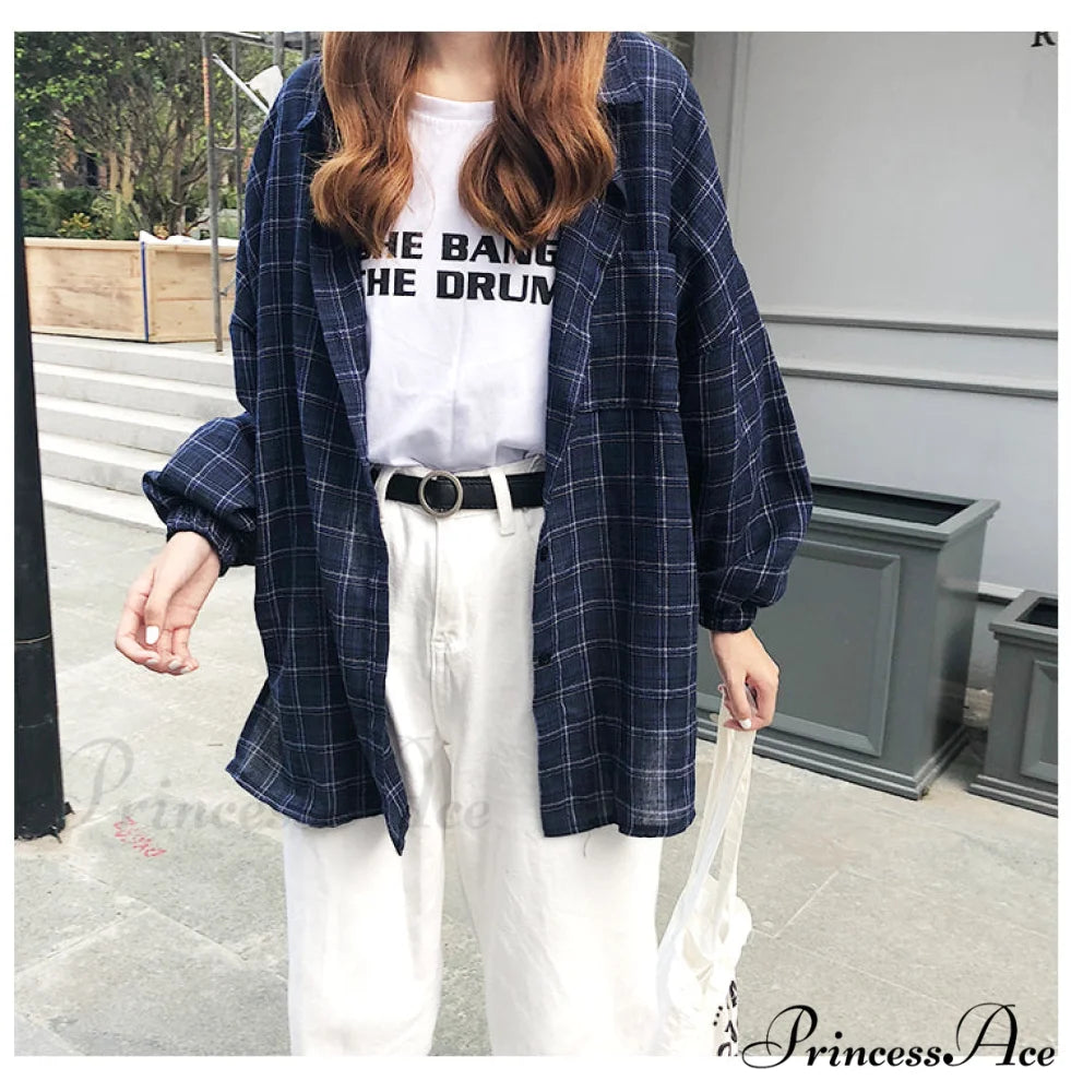 Breasted Turn Plaid with Blouse Down Single Neckline Vintage for Women One Size / Blue