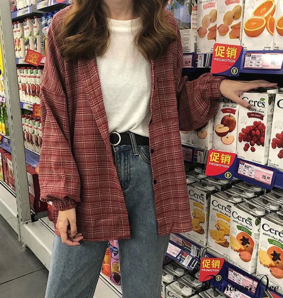 Breasted Turn Plaid with Blouse Down Single Neckline Vintage for Women One Size / Red