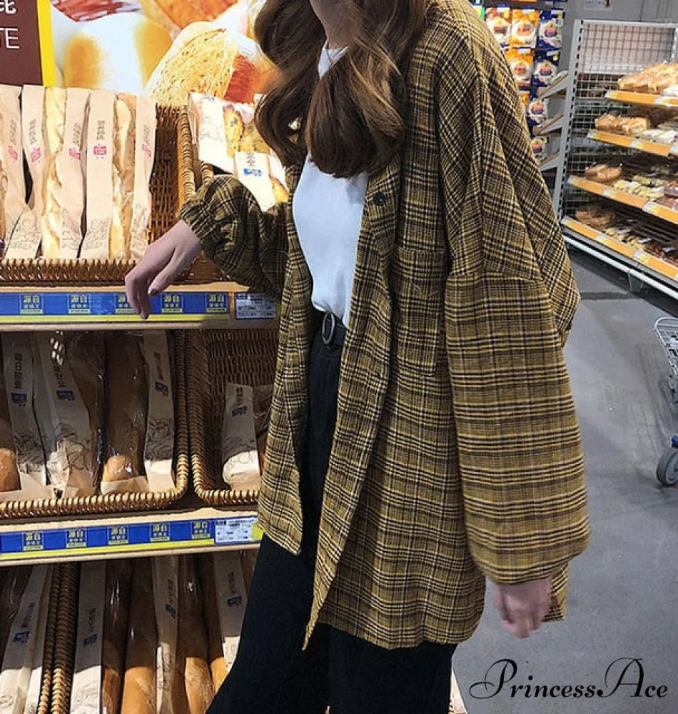 Breasted Turn Plaid with Blouse Down Single Neckline Vintage for Women One Size / Yellow