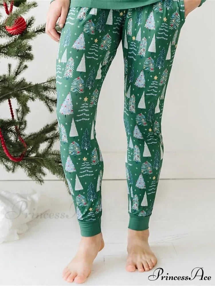 Breathable Long Women’s Pant Button Pajama Fall V and - Trees Arm Set Pink Cotton Christmas Winter Casual Blouse Wire