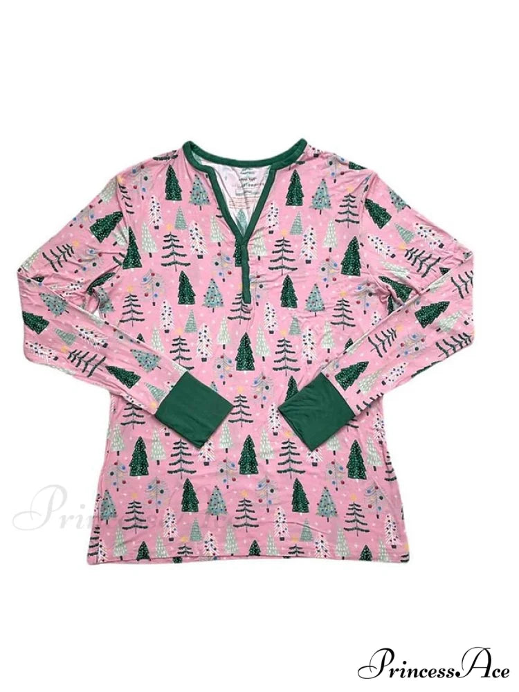 Breathable Long Women’s Pant Button Pajama Fall V and - Trees Arm Set Pink Cotton Christmas Winter Casual Blouse Wire