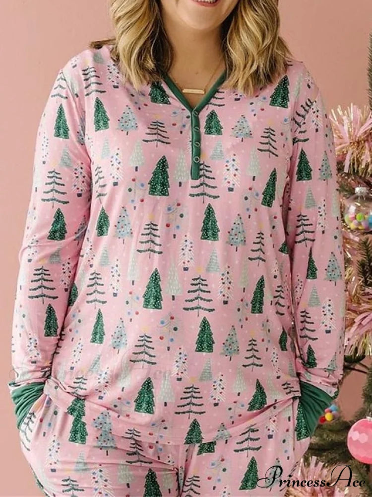 Breathable Long Women’s Pant Button Pajama Fall V and - Trees Arm Set Pink Cotton Christmas Winter Casual Blouse Wire