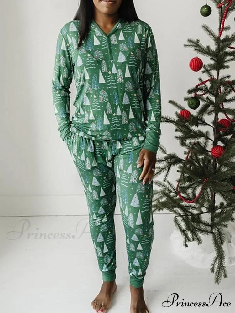 Breathable Long Women’s Pant Button Pajama Fall V and - Trees Arm Set Pink Cotton Christmas Winter Casual Blouse Wire