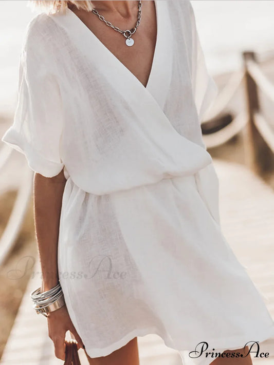 Breezy Leisure Pocketed Charming Belt Kimono Mini Dress White / One Size