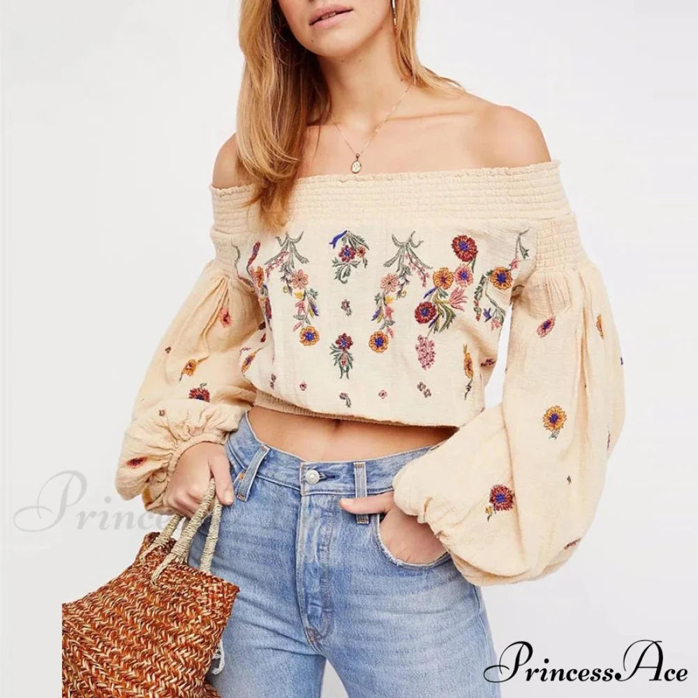 Brief Flower Stitching Off-Shoulder Bohemian Crop Blouse bohoblouse-250126
