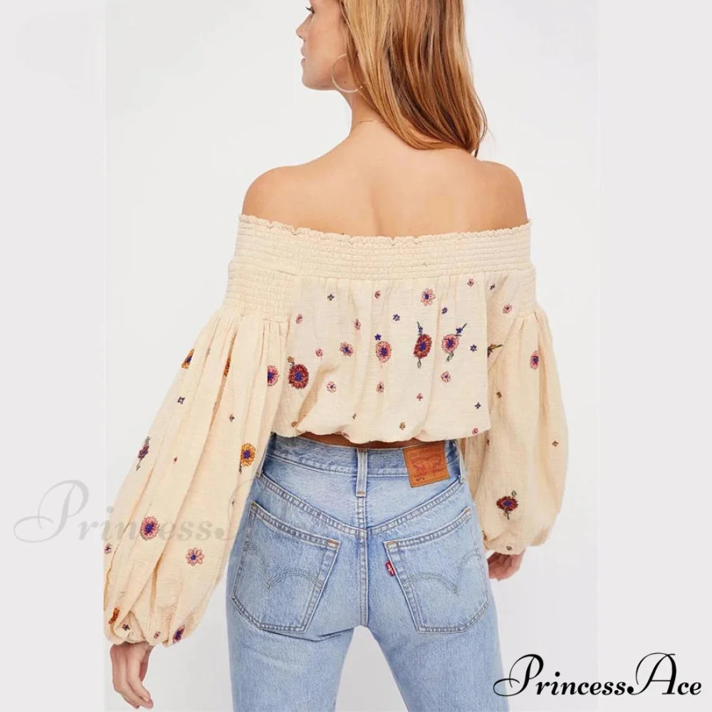 Brief Flower Stitching Off-Shoulder Bohemian Crop Blouse bohoblouse-250126