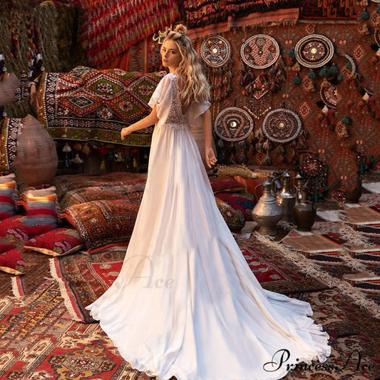 Brief Sleeve Profound Plunge Transparent Bridal Gown lvory white / 2 weddingdress-250223