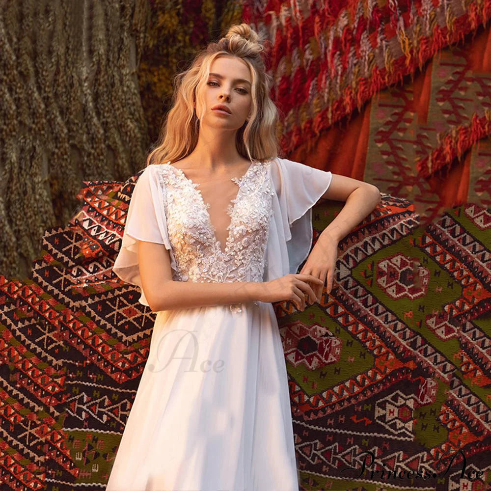 Brief Sleeve Profound Plunge Transparent Bridal Gown weddingdress-250223