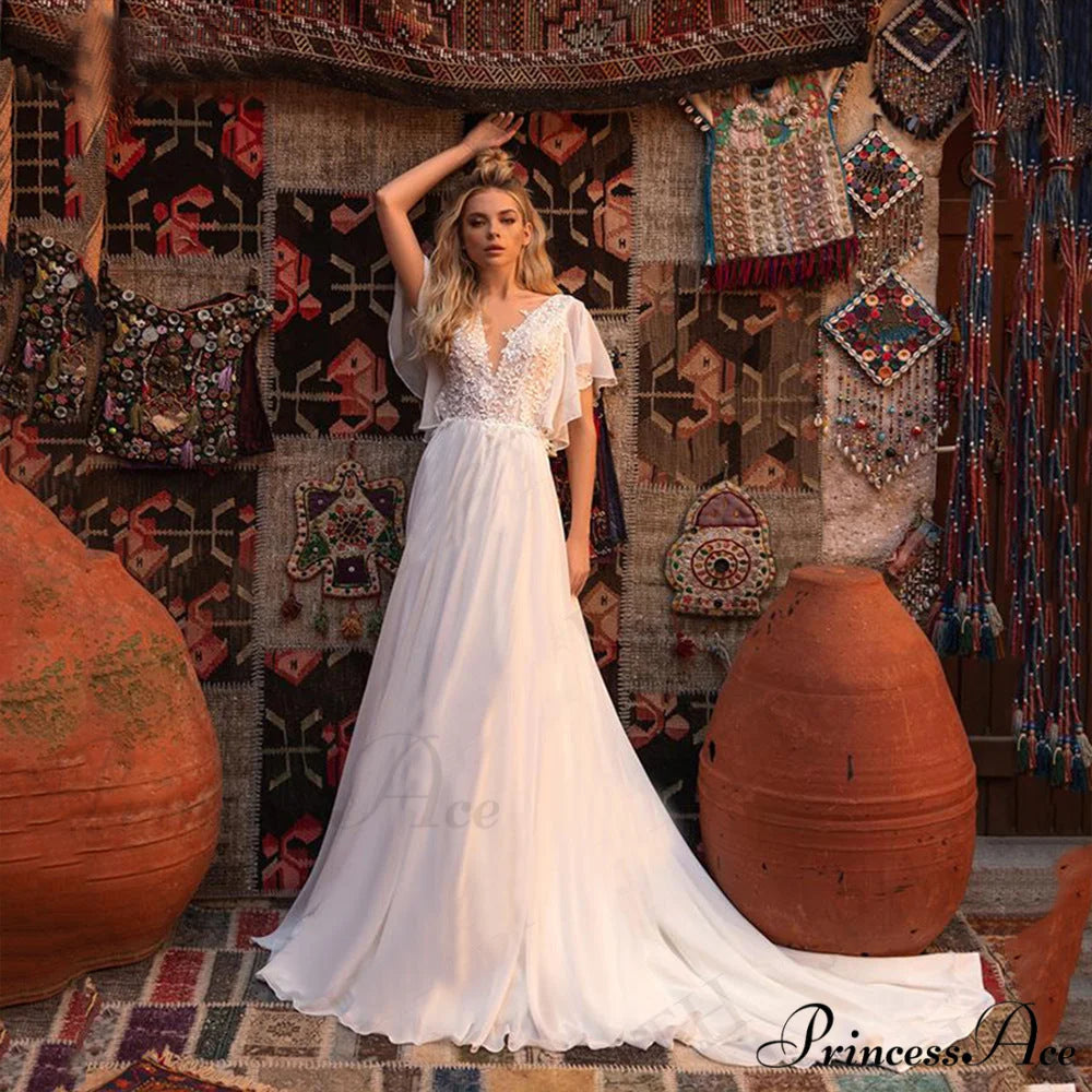 Brief Sleeve Profound Plunge Transparent Bridal Gown White / 2 weddingdress-250223