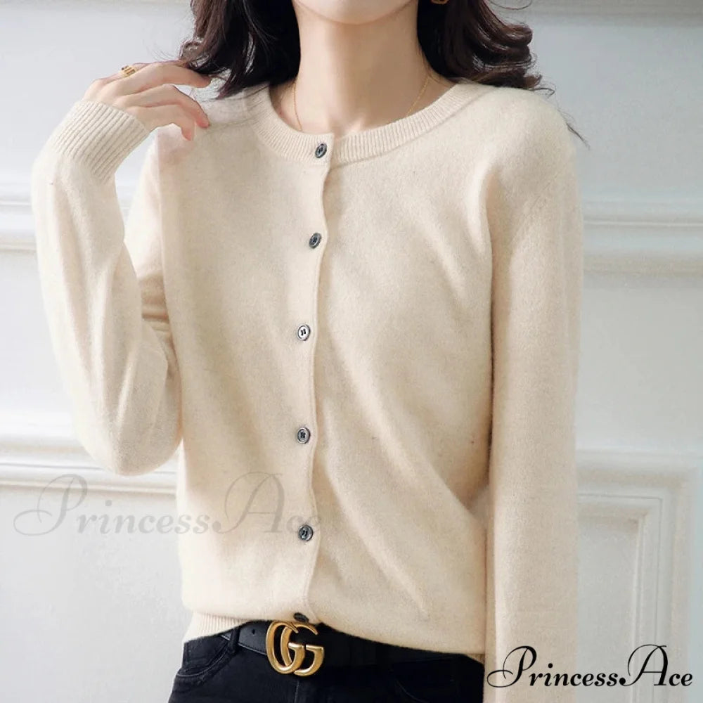 Brief Thin Circular Neck One Buttoned Gold Tan Knitted Cardigan Beige / S cardiagn-250126