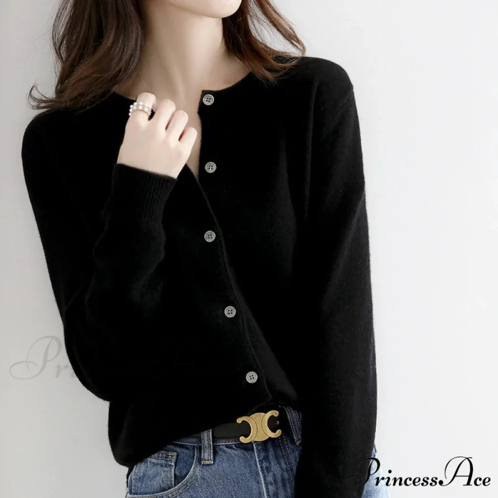 Brief Thin Circular Neck One Buttoned Gold Tan Knitted Cardigan Black / S cardiagn-250126