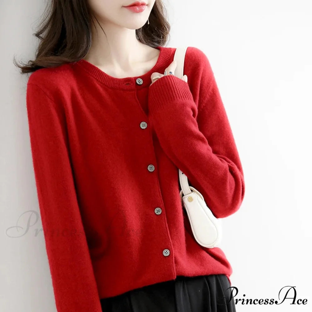 Brief Thin Circular Neck One Buttoned Gold Tan Knitted Cardigan Burgundy / S cardiagn-250126