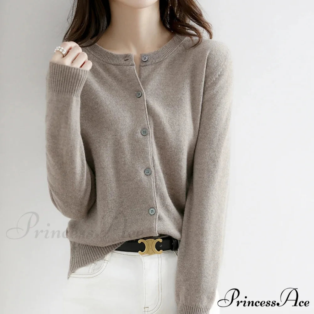 Brief Thin Circular Neck One Buttoned Gold Tan Knitted Cardigan Dark Brown / S cardiagn-250126