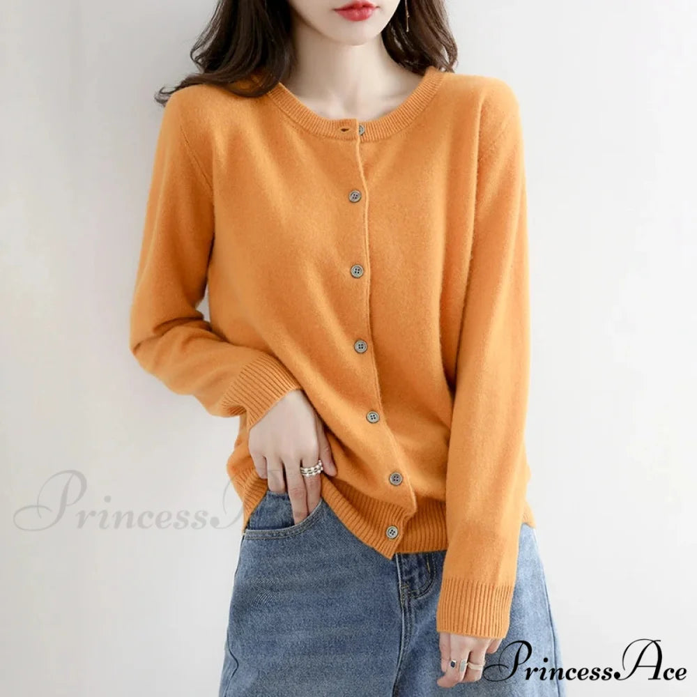 Brief Thin Circular Neck One Buttoned Gold Tan Knitted Cardigan Ginger Yellow / S cardiagn-250126