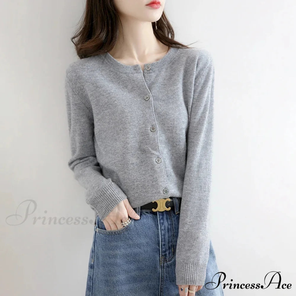 Brief Thin Circular Neck One Buttoned Gold Tan Knitted Cardigan GRAY / S cardiagn-250126