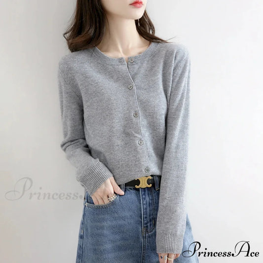 Brief Thin Circular Neck One Buttoned Gold Tan Knitted Cardigan GRAY / S cardiagn-250126