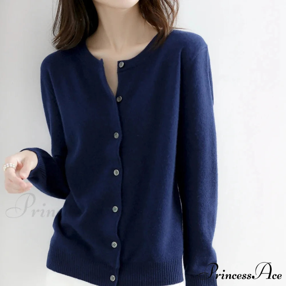 Brief Thin Circular Neck One Buttoned Gold Tan Knitted Cardigan Navy Blue / S cardiagn-250126