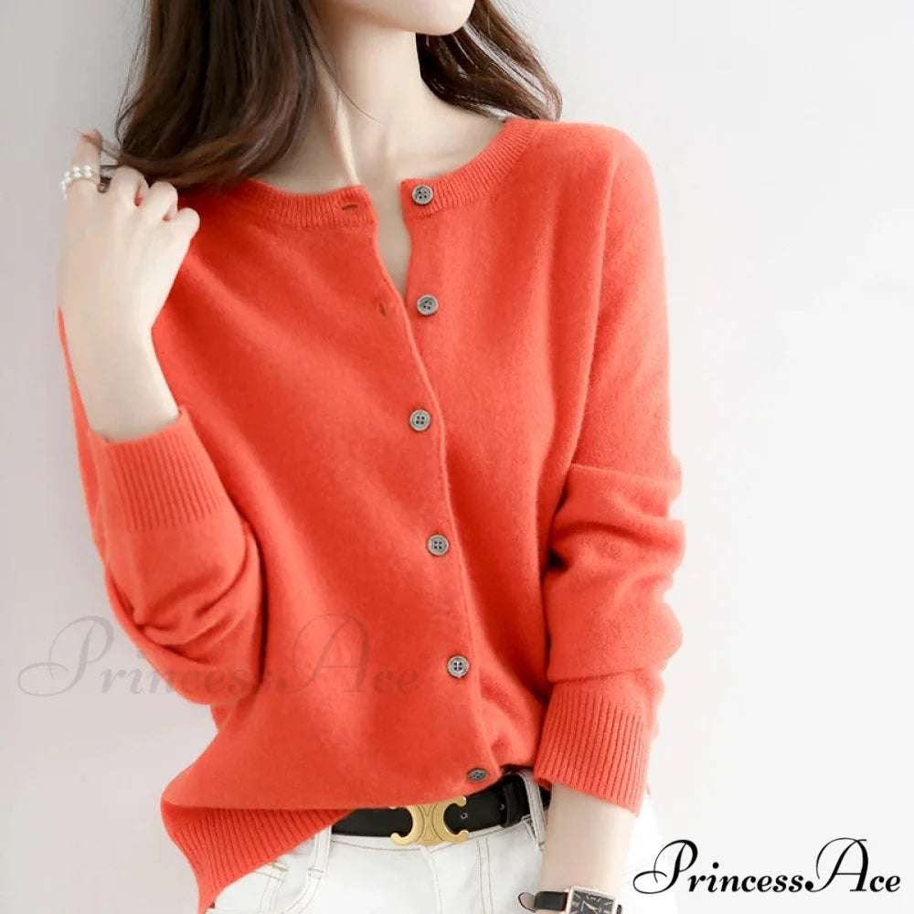Brief Thin Circular Neck One Buttoned Gold Tan Knitted Cardigan Orange / S cardiagn-250126