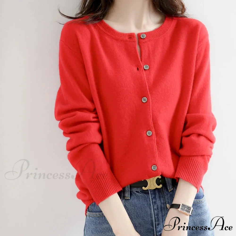 Brief Thin Circular Neck One Buttoned Gold Tan Knitted Cardigan Red / S cardiagn-250126