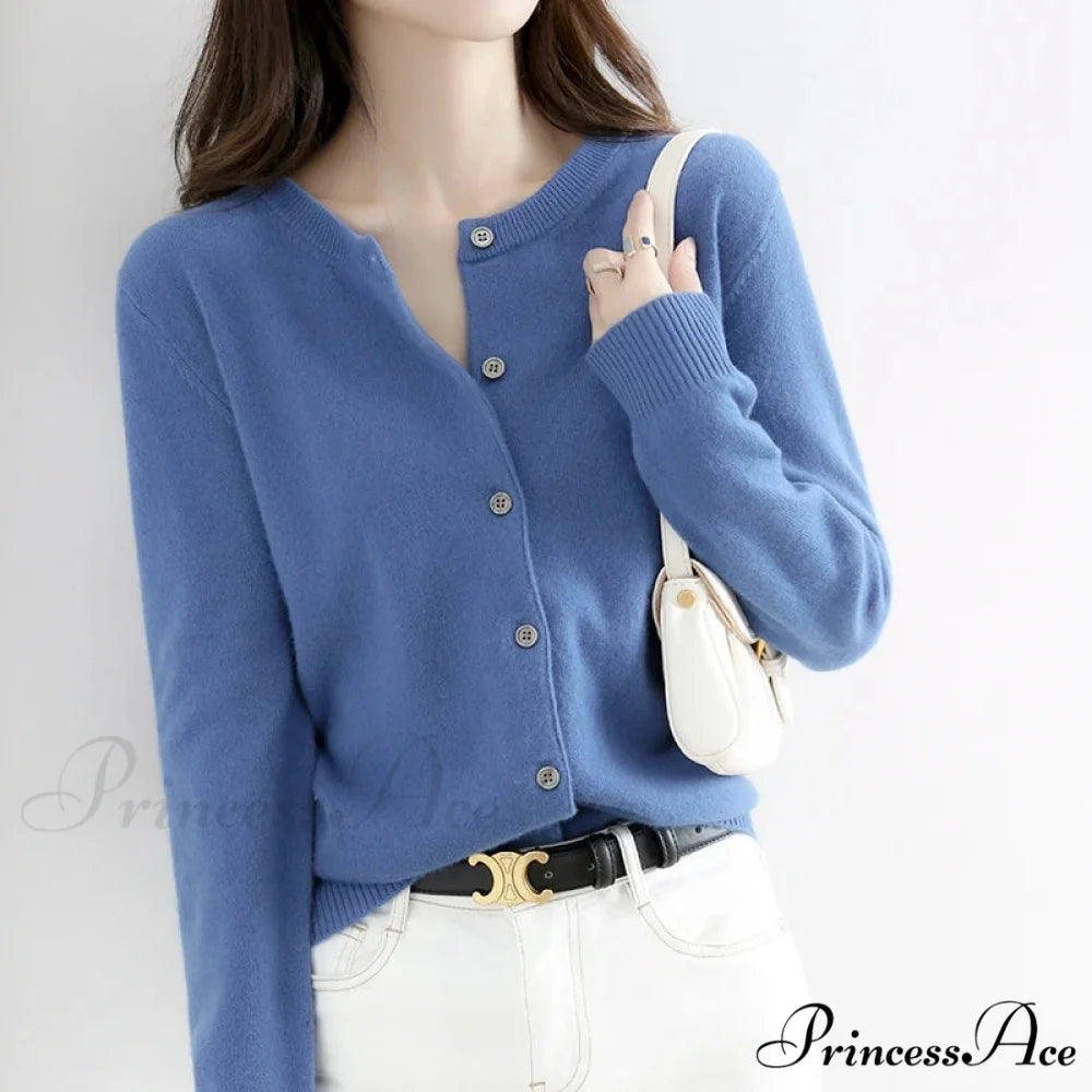 Brief Thin Circular Neck One Buttoned Gold Tan Knitted Cardigan ROYAL BLUE / S cardiagn-250126
