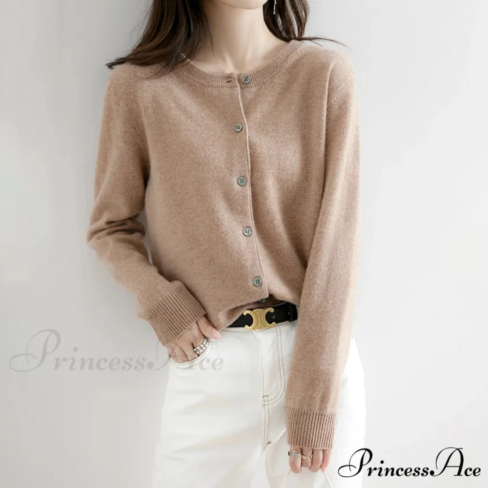 Brief Thin Circular Neck One Buttoned Gold Tan Knitted Cardigan Gold / S cardiagn-250126
