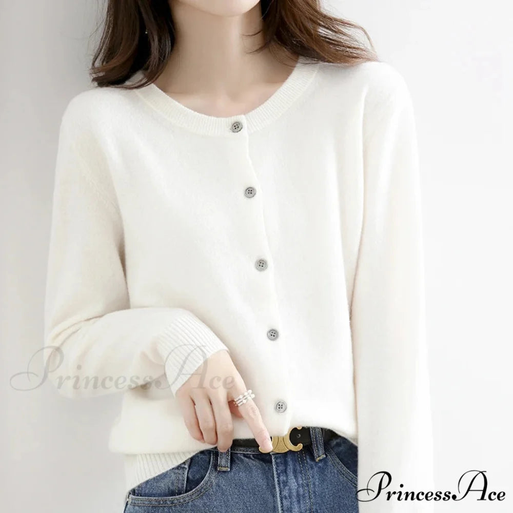 Brief Thin Circular Neck One Buttoned Gold Tan Knitted Cardigan WHITE / S cardiagn-250126