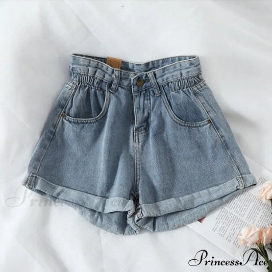 Brief Warm-Season Casual Waist Fashion Elastic Leg Women High Jeans Shorts Waist Denim Wide Loose Size Plus Female blue