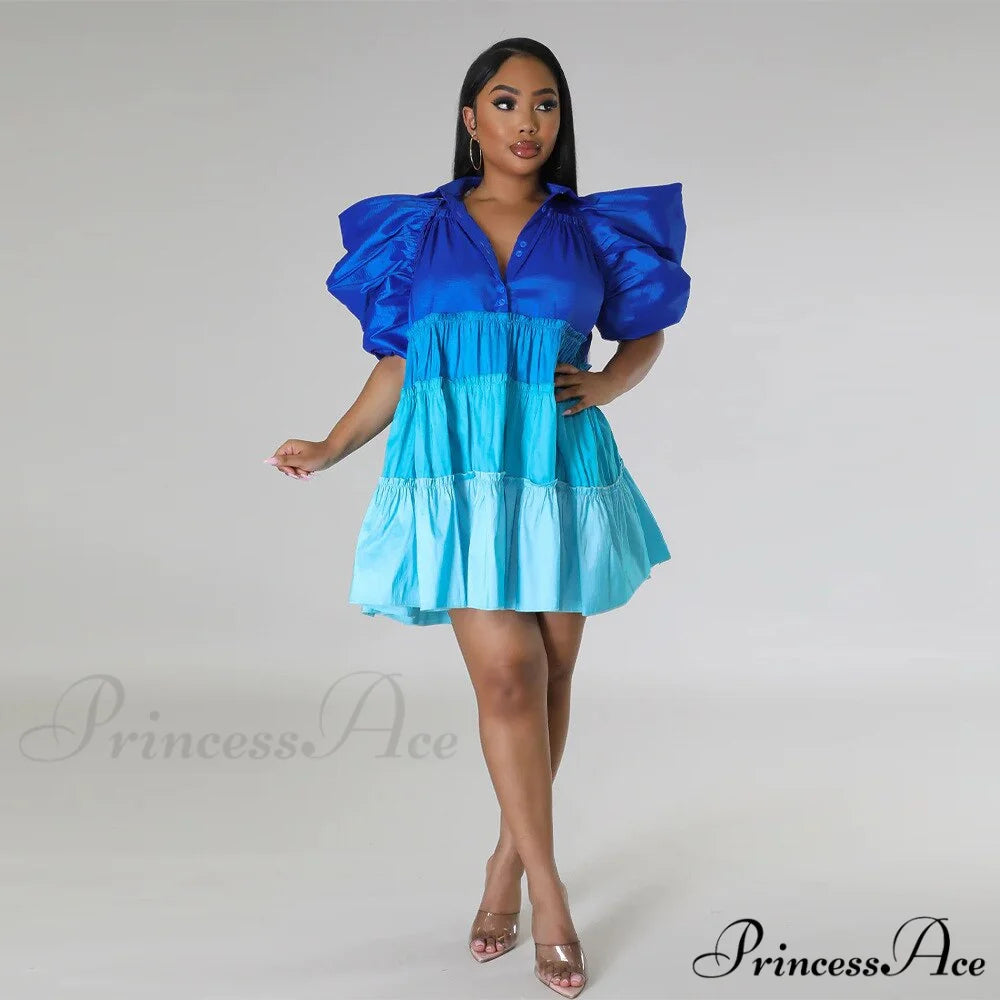 Brief Warm-Season Women - and Design for Sleeves Puff Color with Block Oversized Gown 2024 Collection Blue / S
