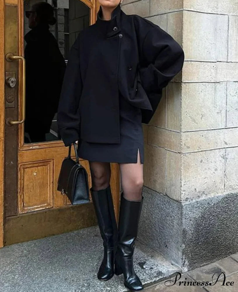 Brief Woolen Informal Collar Overcoat Black / S overcoats-241228