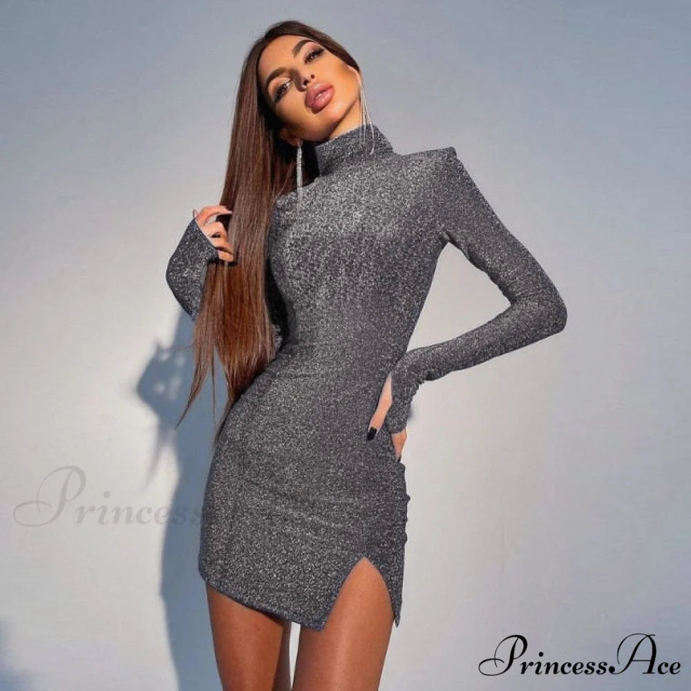 Bright Long Sleeve Solid Turtleneck Mini Dress gray / S