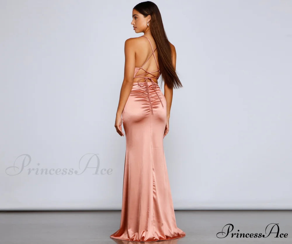 Bristol Formal Stylish Satin Lace-Up Dress ROSE GOLD / S