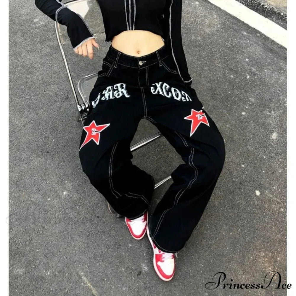 Broad Leg Celestial Body Letter Print Denim Trousers pants-241228