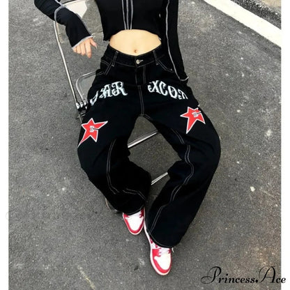 Broad Leg Celestial Body Letter Print Denim Trousers pants-241228