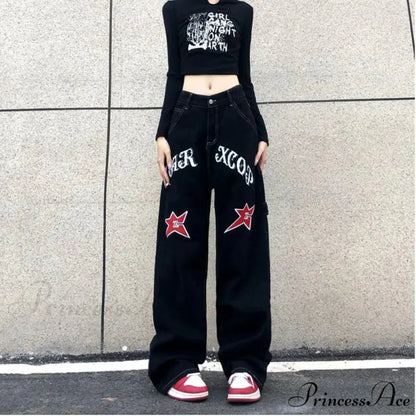 Broad Leg Celestial Body Letter Print Denim Trousers pants-241228