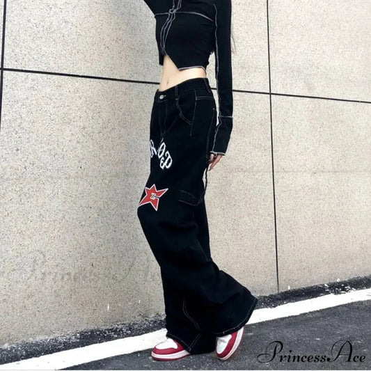 Broad Leg Celestial Body Letter Print Denim Trousers pants-241228