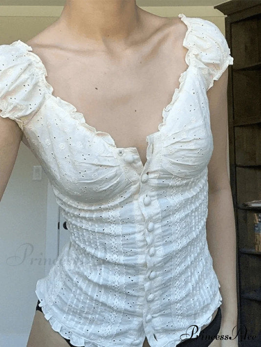 Broderie Lace White Trendy Cropped Tank Top White / S