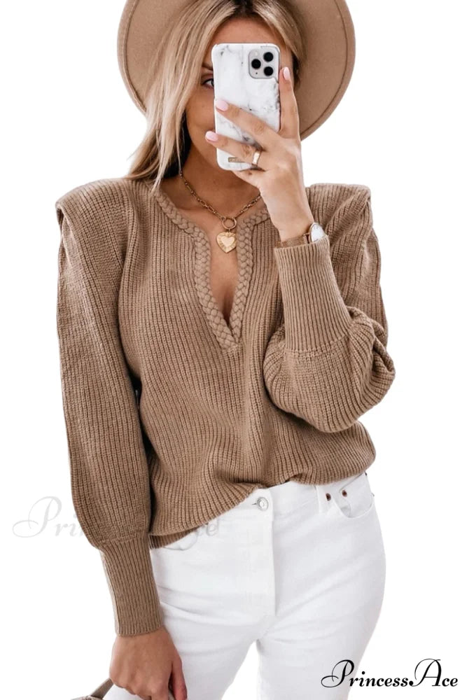 Brown Arm Long Notched Puff Arm Knitted Braided Neckline V Top