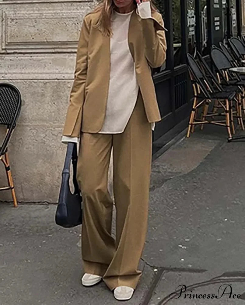 Brown Basic Blouse Pants Workplace Two Piece Ensemble Khaki / S officetwopieceset-250223