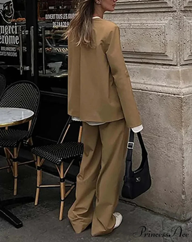 Brown Basic Blouse Pants Workplace Two Piece Ensemble officetwopieceset-250223