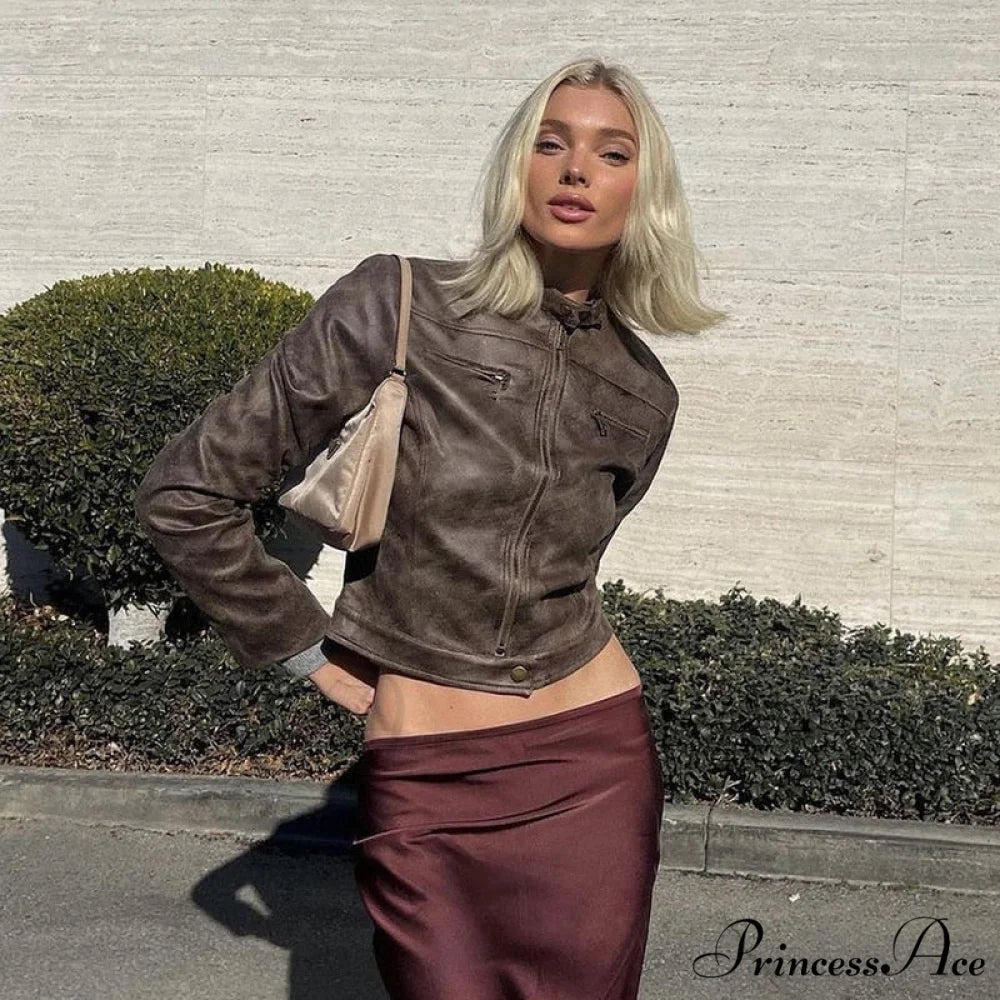Brown Biker Stylish Faux Leather Jacket Coffee / S